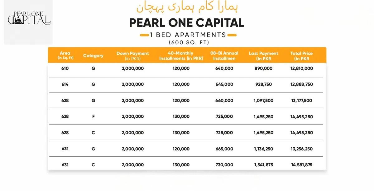 1 Bed payment plan (600 sft)