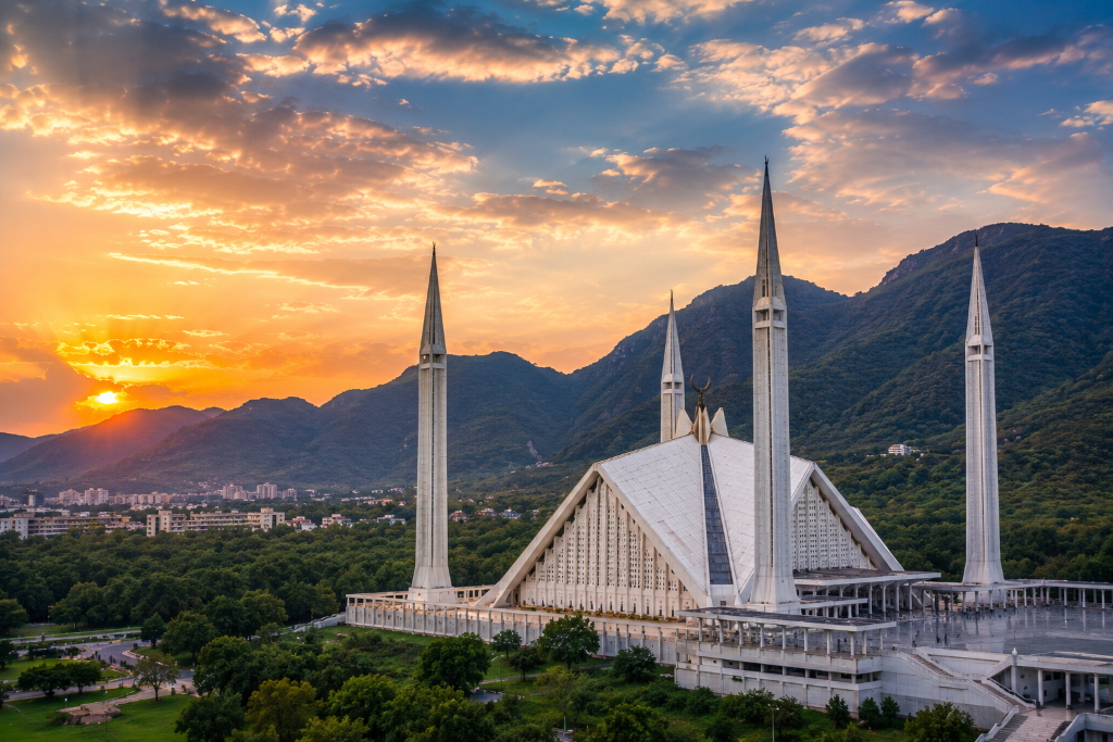Faisal Mosque and the Margalla Hills in Islamabad, Pakistan