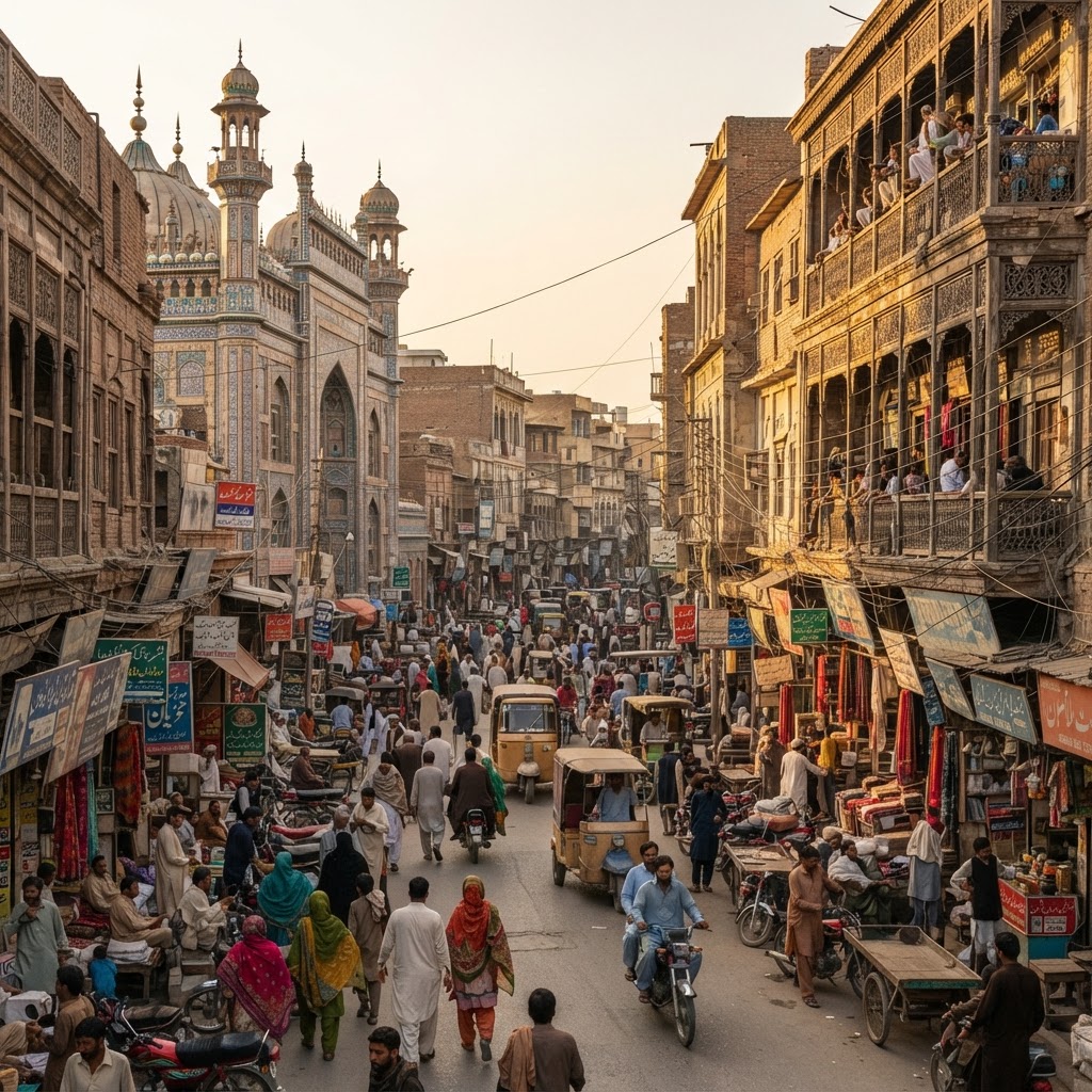 Historic Raja Bazaar streetscape in Rawalpindi, Pakistan